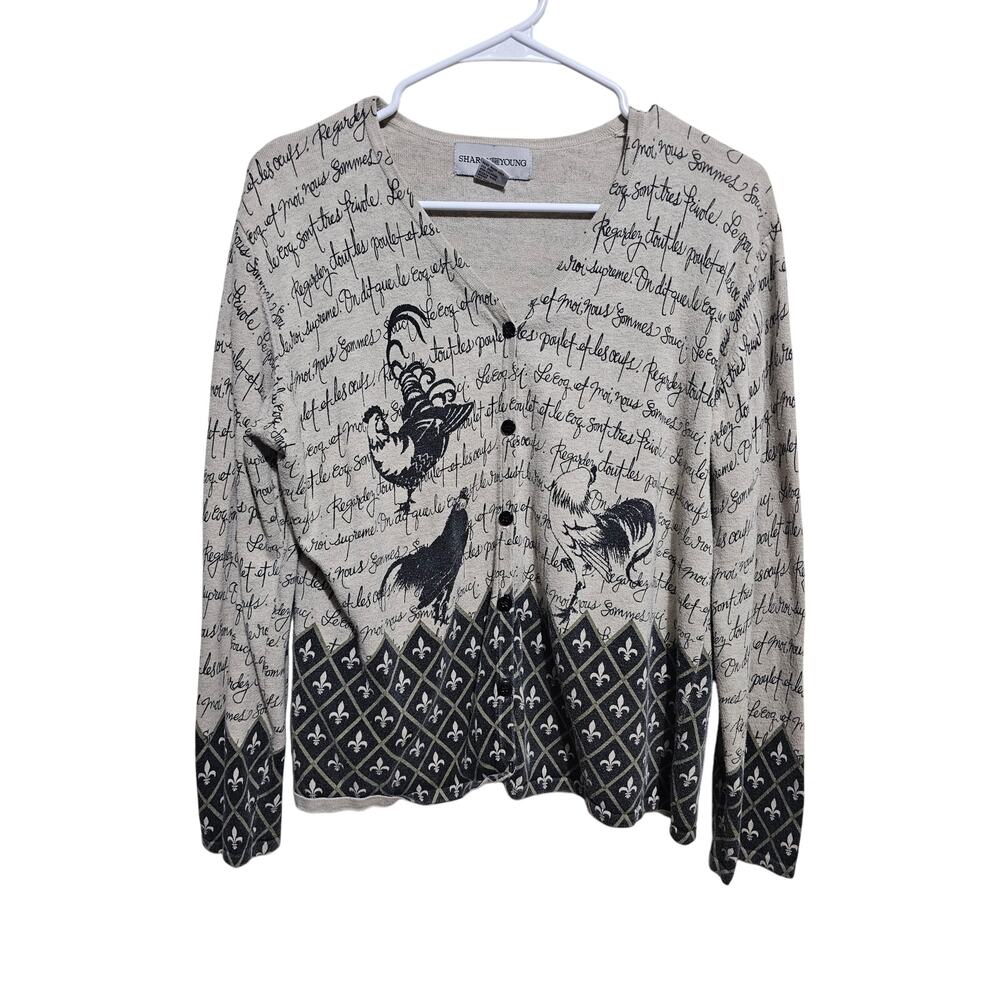 Vintage Sharon Young Cardigan Womens Chicken Rooster Script Design Size Large